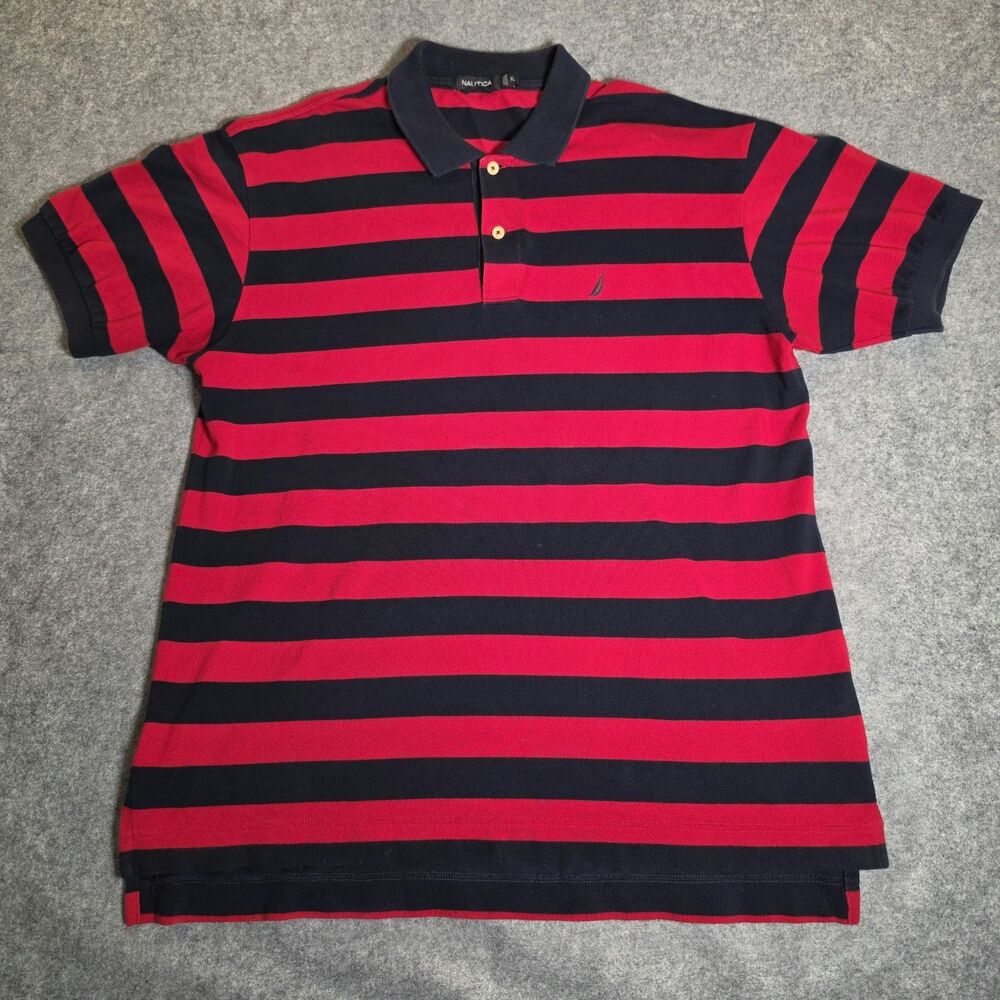 Vtg Nautica Men’s XL Red Navy Blue Striped Polo Shirt Preppy Coastal Classic